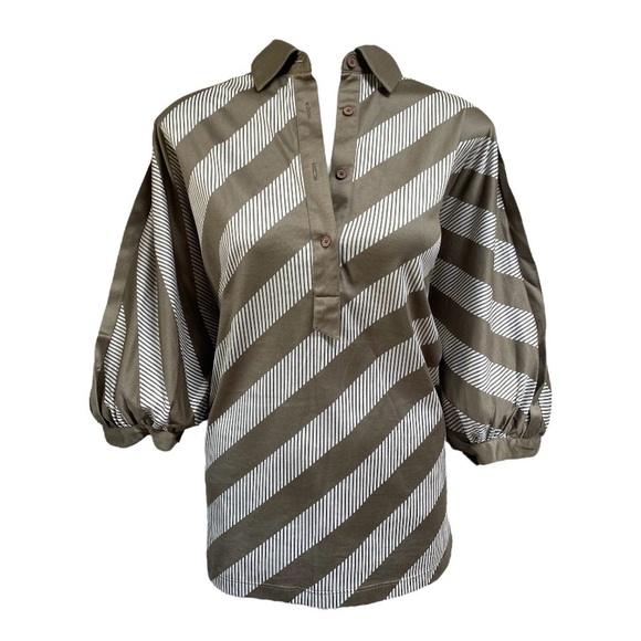 AKRIS VINTAGE / PUFFY SLEEVE TOP / TAUPE STRIPED / SZ 44 / MADE IN SWITZERLAND - Picture 2 of 7